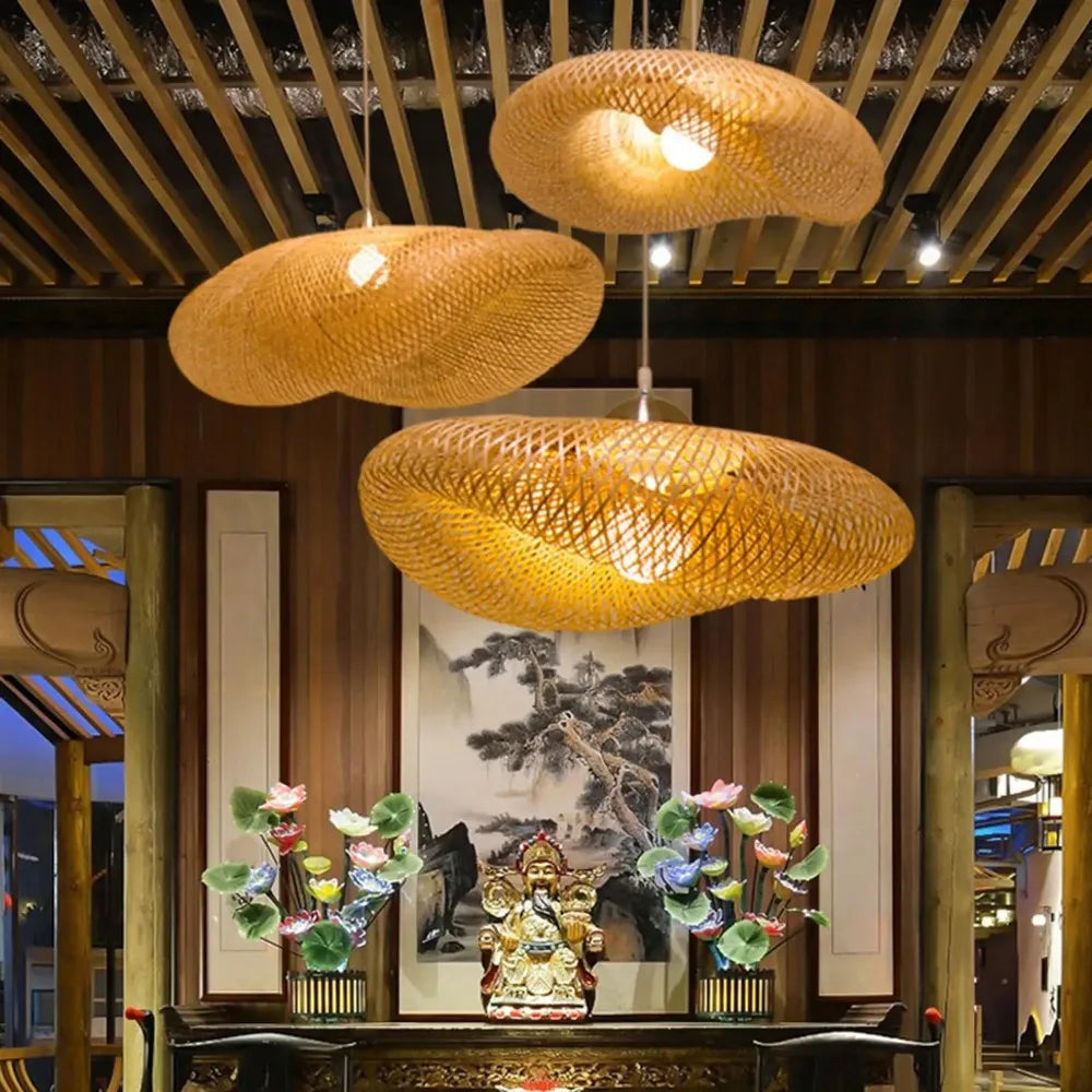 Handmade Bamboo Weaving LED Pendant Light Vintage Chandelier