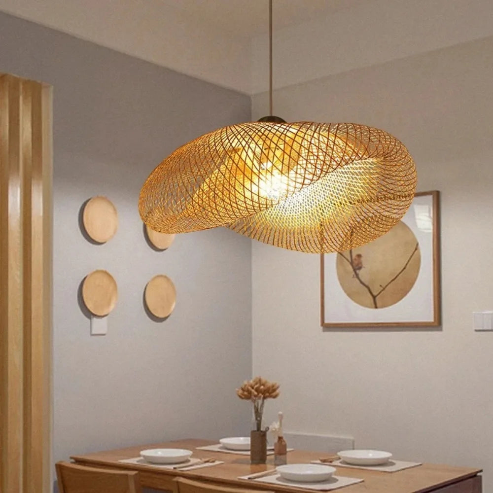 Handmade Bamboo Weaving LED Pendant Light Vintage Chandelier